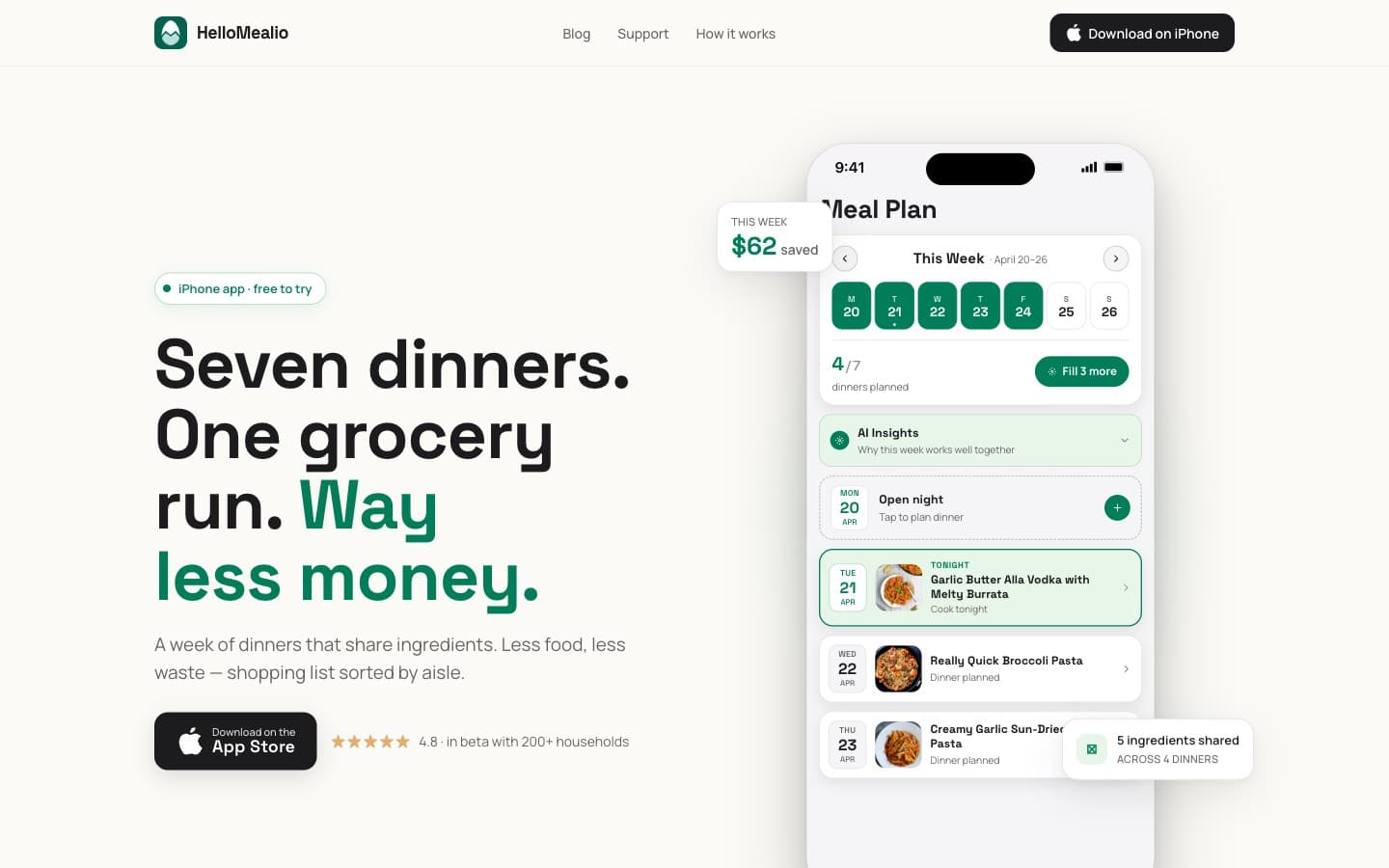 HelloMealio landing page with the headline "Seven dinners. One grocery run. Way less money." beside an iPhone showing a weekly meal plan.