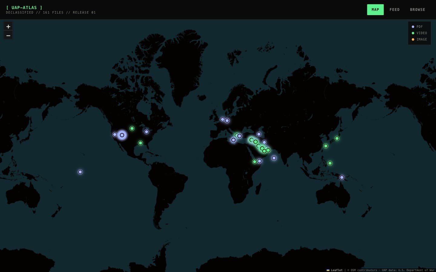 UAP Atlas dark map of North America dotted with green sighting pins and a card highlighting the closest declassified event to the viewer.